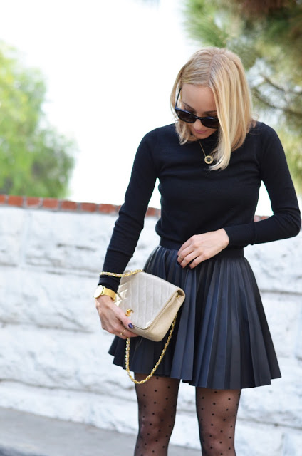 Black dress with gold dots and black tights outfit - Putting Me