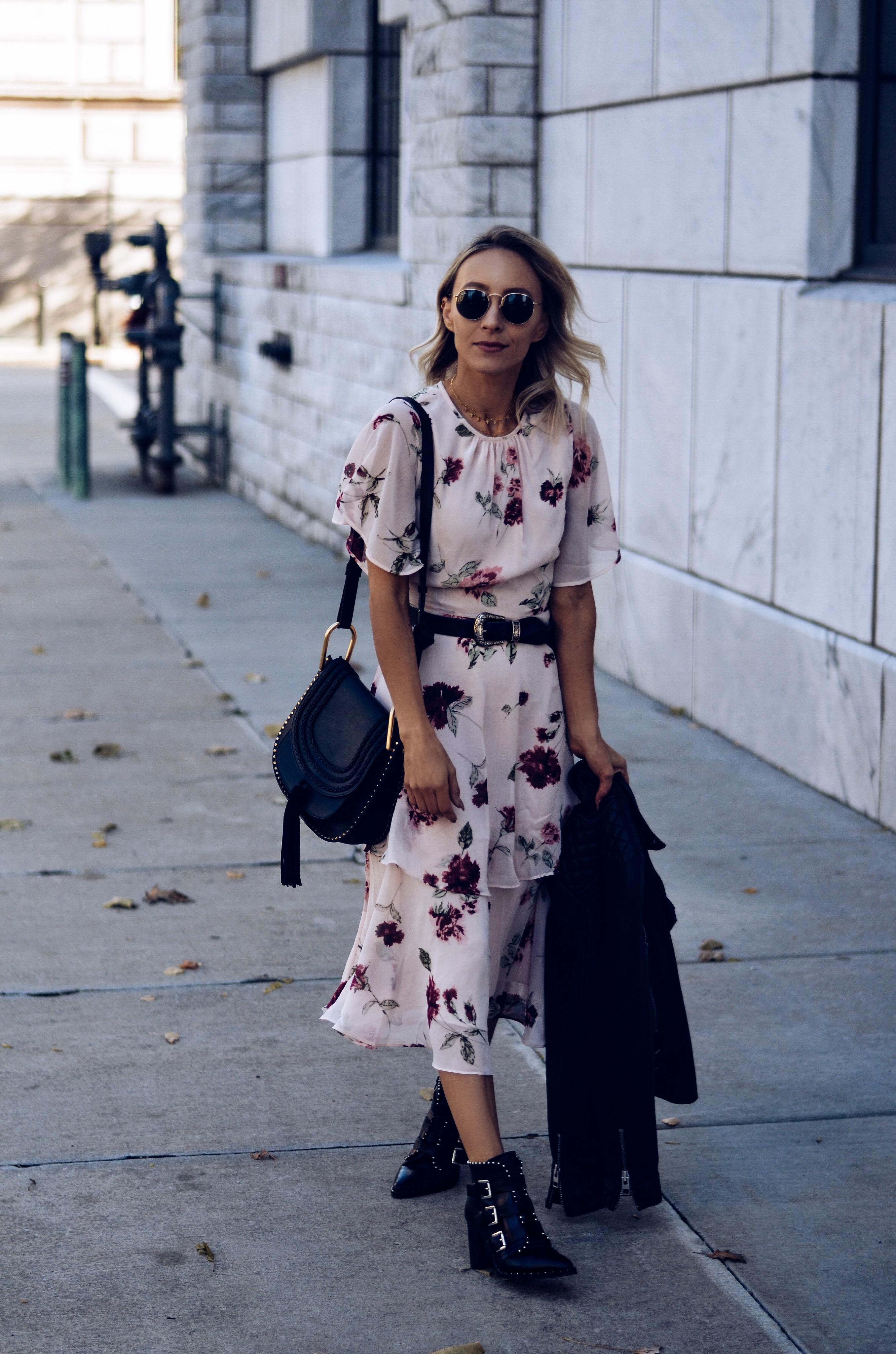 Floral Dress with a Leather Jacket - Fall Style | Blame it on Barneys